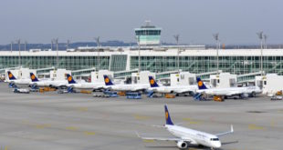 Line up of Lufthansa aircraft at the Terminal 2 satellite.