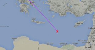 Approximate last known position of missing Egyptair flight MS804 Paris to Cairo. Map courtesy FlightRadar24.com