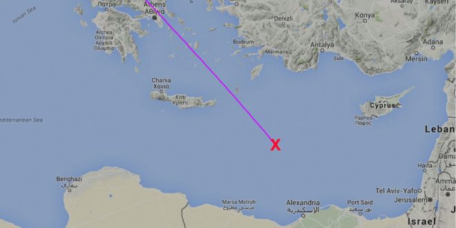 Approximate last known position of missing Egyptair flight MS804 Paris to Cairo. Map courtesy FlightRadar24.com