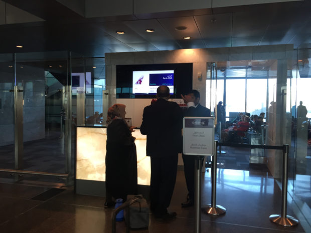 The separate counter at the gate for premium passengers.