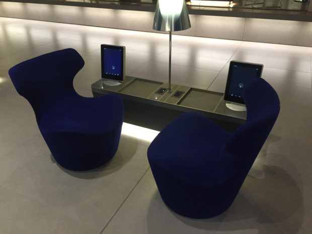 Screens by the side of each seat at the Al Mourjan lounge. 