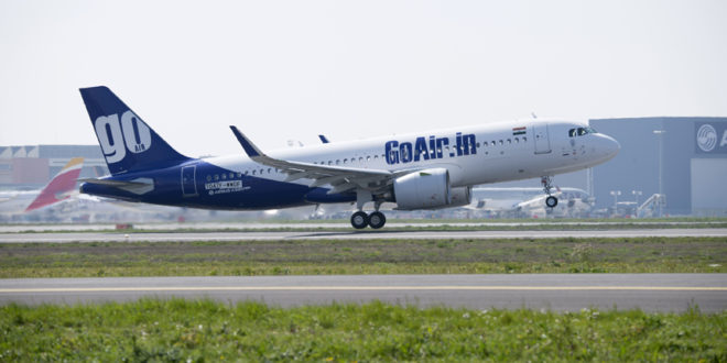 GoAir's first Airbus A320neo VT-WGA MSN7047 takes-off at Toulouse airport.