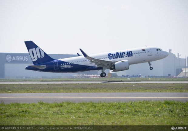 GoAir's first Airbus A320neo VT-WGA MSN7047 takes-off at Toulouse airport.