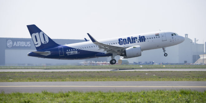 GoAir's first Airbus A320neo VT-WGA MSN7047 takes-off at Toulouse airport.