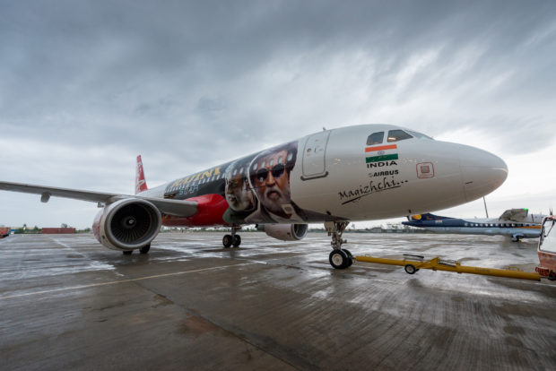 AirAsia India Airbus A320 VT-APJ in Rajinikanth Kabali livery. Airline photo.