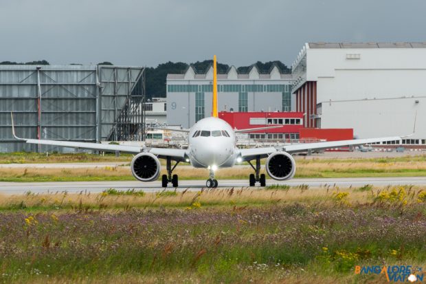 Pegasus Airlines Airbus A320neo D-AVVP. Returning for a test flight. Notice the size of the engines compared to the A321ceo above.