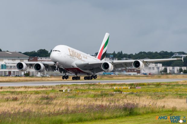 Emirates Airbus A380 F-WWAU. To be registered A6-EUE. Taking off for a test flight.