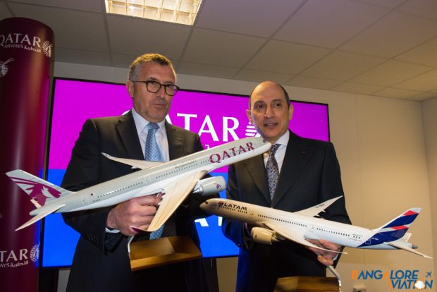Qatar chief executive Akbar Al Bakar and LATAM CEO Enrique Cueto after announcing the investment.