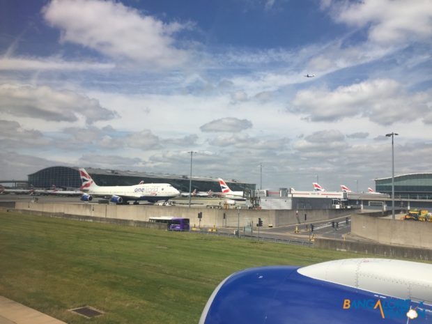 The British Airways 747 being pushed out of the gate which was assigned to our flight.