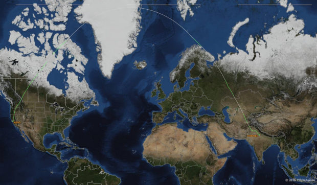 Air India AI-174 east bound shallow polar route from San Francisco to New Delhi. Map courtesy www.flightaware.com