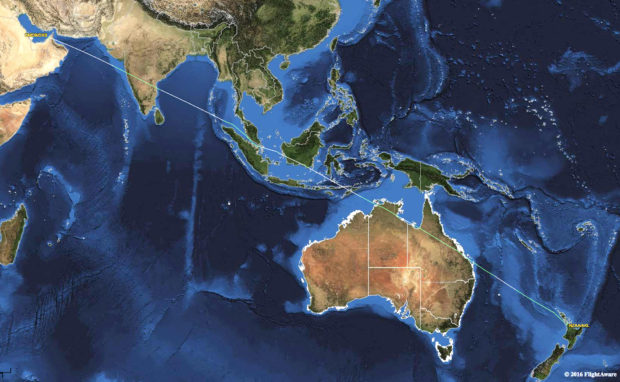 Emirates EK448 Dubai to Auckland great circle route. Map courtesy www.flightaware.com