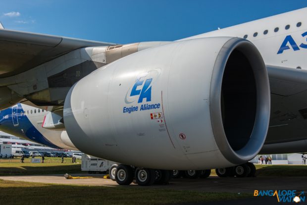 One of the four massive Engine Alliance GP7270 engines that power the A380.