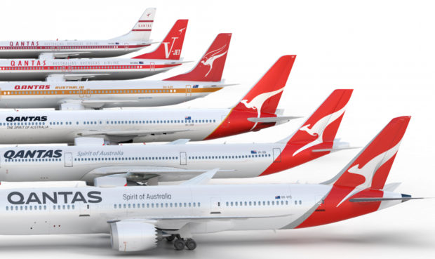 The historic line-up of Qantas liveries.