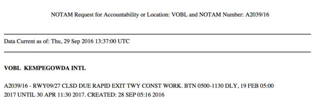 NOTAM A2039/16 announcing closure of the 09/27 runway at Kempegowda airport (VOBL)