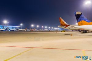 View of part of the ramp at Bangalore Airport at night.