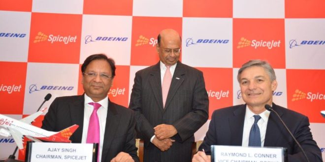 L&R Ajay Singh, CMD, Spicejet, Ray Conner, Vice Chairman, Boeing. In the middle Dinesh Keskar, SVP (Sales) for Asia-Pac and India, Boeing.