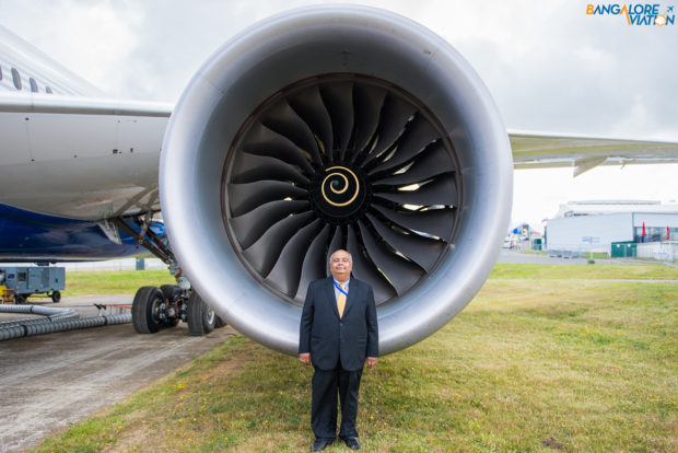 Bangalore Aviation editor Devesh Agarwal in front of the Rolls Royce Trent 1000 engine of the Boeing 787.