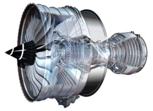 Cut-out showing construction of the Rolls Royce Trent XWB turbo-fan engine.