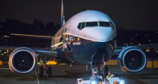 The 737 MAX 9 being rolled out of the paint hanger. Boeing Image.