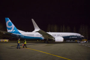 The 737 MAX 9 being rolled out of the paint hanger. Boeing Image.