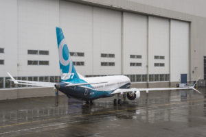 The 737 MAX 9 outside the factory doors in Renton. Boeing Image.