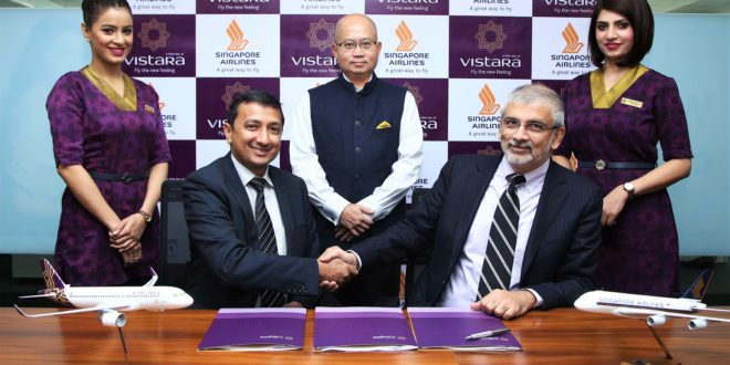 Sanjiv Kapoor, Chief Strategy & Commercial Officer, Vistara (seated right) and Leonard Louis Arul, Vice President – Partnerships & International Relations, Singapore Airlines (seated left), signed the Codeshare Agreement in Gurugram, India, in the presence of Phee Teik Yeoh, Chief Executive Officer, Vistara (centre). Accompanying them are Vistara cabin crew Purnima Sharma (left) and Shivangi Singh (right).