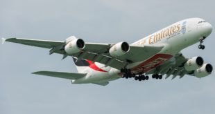Emirates Airbus A380 A6-EOV approaches Singapore Changi Airport. Copyrighted picture. Do not re-use.