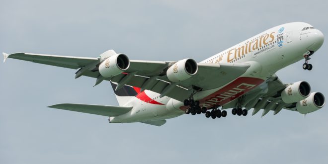 Emirates Airbus A380 A6-EOV approaches Singapore Changi Airport. Copyrighted picture. Do not re-use.