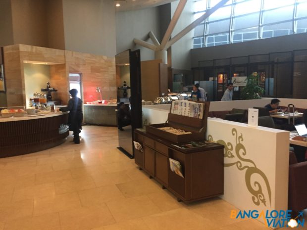 Buffet area with restaurant like tables.