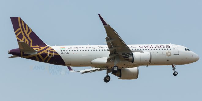 Vistara's first Airbus A320neo VT-TNB on its maiden commercial flight.