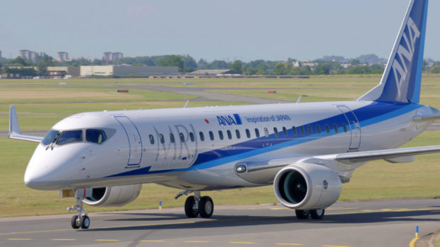 The Mitsubishi Regional Jet arrives at the 2017 Paris air show. Mitsubishi Image.