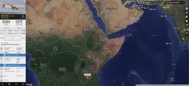 Qatar Airways' flights to Africa have to go around the UAE via the Straits of Hormuz and Oman