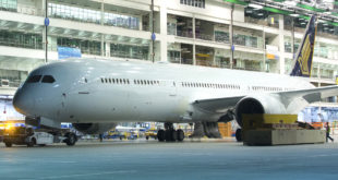 Singapore Airlines' first Boeing 787-10 rolls out of the final assembly line in Boeing North Charleston, South Carolina, USA