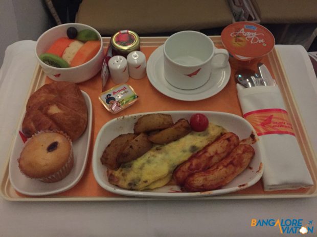 Breakfast service on Air India from Ahmedabad to London.