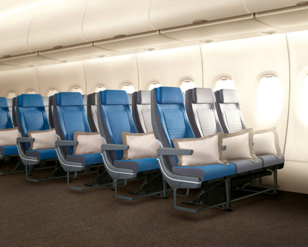 Singapore Airlines new A380 cabin. Economy class. 3-4-3 18.5 inch wide seats.