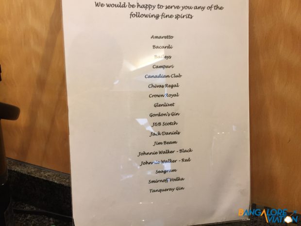 The list of spirits available at the Qatar lounge at the Club.