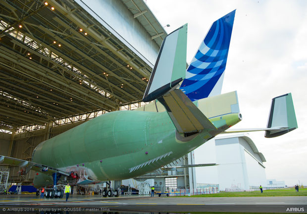 First Airbus Beluga XL rolls out of the final assembly line at Toulouse France. Airbus image.