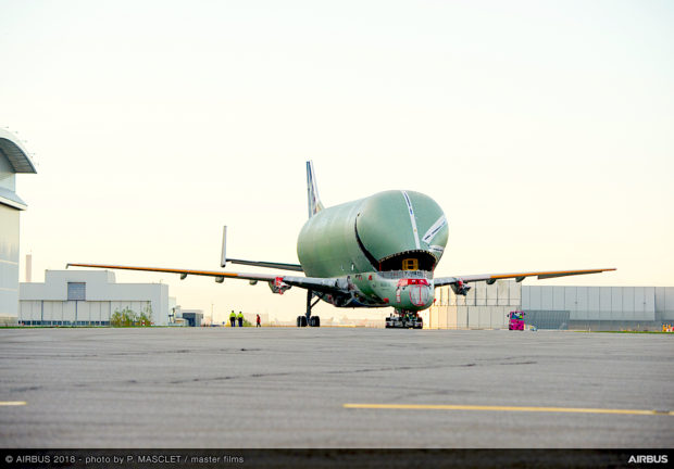 First Airbus Beluga XL rolls out of the final assembly line at Toulouse France. Airbus image.