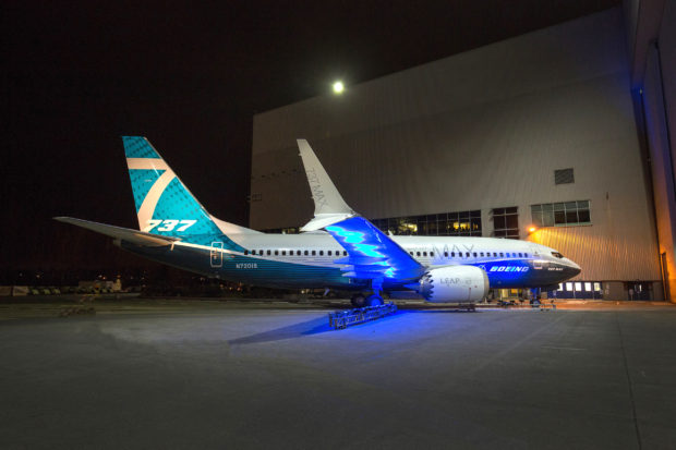 The first Boeing 737 MAX 7 made its debut today at the company's Renton, Wash. factory. Photo by Craig Larsen. (PRNewsfoto/Boeing)
