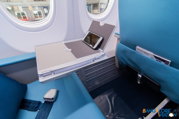 Portable device stand in business class on Jet Airways Boeing 737 MAX 8.