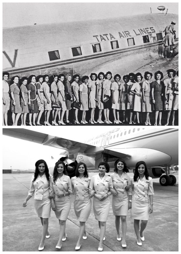 Cabin crew in the original retro uniform (above) and the 2108 version. Vistara image.