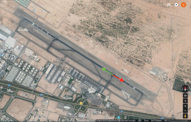 The green arrow indicates the direction the aircraft was supposed to takeoff. The red shows the direction it actually took.