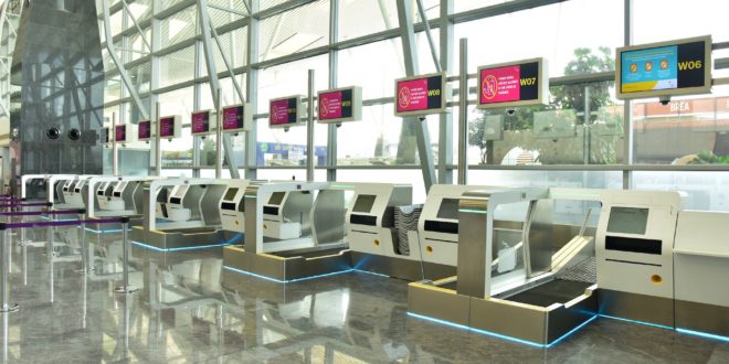 The automated self drop bag drop counters at Bangalore Airport.