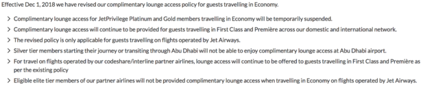 Jet Airways' revised lounge access policy from their website.