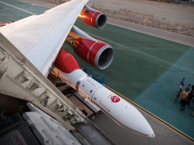 The LauncherOne pod mounted to VirginOrbit's Cosmic Girl.