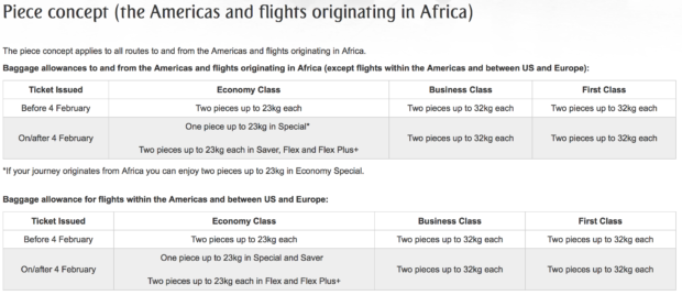 Emirates piece concept baggage allowance table.