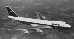 A Boeing 747 of BOAC - British Overseas Airways Corporation flying above the United Kingdom on 7 April 1971.
