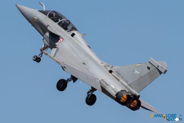 The French Air Force Dassault Rafale takes off for its display.