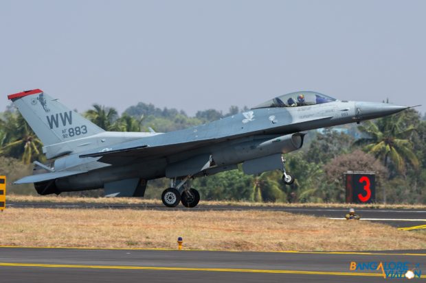 Lockheed Martin F-16 Falcon of the United States Air Force (USAF) lands after its display.