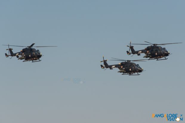 Three HAL Rudra's (ALH WSI) flying in formation at Aero India 2019.